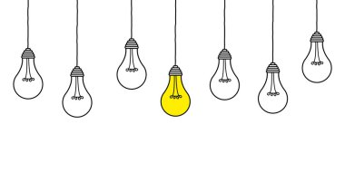 - İyi fikir. Ampul fikri, stoklar için çizilmiş yaratıcı konsept ampul. Düz stil. Vektör illüstrasyonu