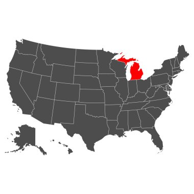 Michigan vektör haritası. Çok detaylı bir illüstrasyon. Amerika Birleşik Devletleri 'nin ülkesi. Düz stil. Vektör illüstrasyonu