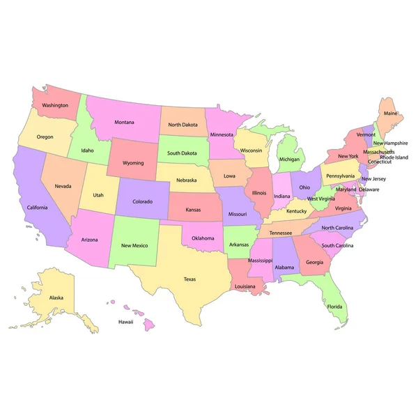 美利坚合众国的海报地图 上面有各州的名称 用于T恤衫 海报或地理主题的美国黑白印刷地图 绘制州地图 — 图库矢量图片