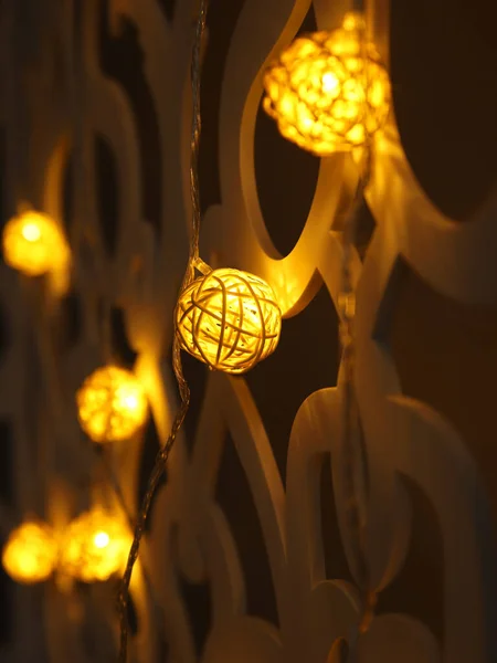 Yellow Rattan Ball Garland Patterned Wall Christmas Led Lights Dark — Foto de Stock