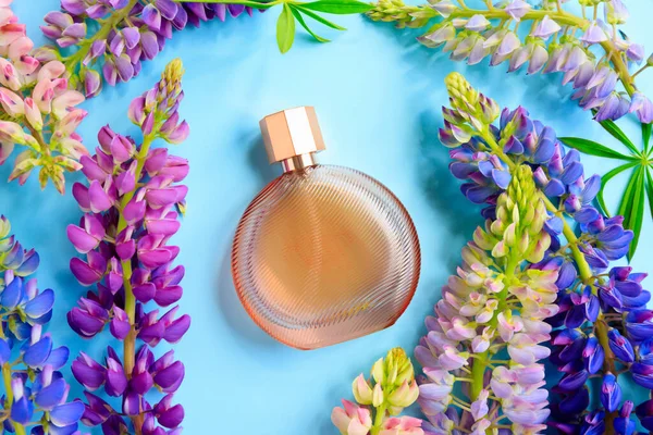 Round brown perfume spray bottle and multicolored lupine flowers on blue background. Mockup, transparent glass perfume bottle for branding, front view, flat lay.