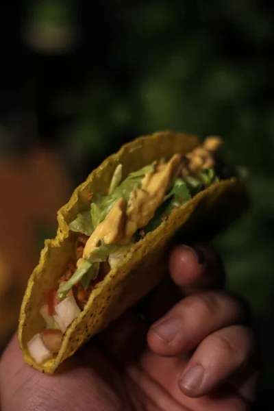 Mexican Food Taco Blur Cheddar Cheese Sauce — Stock Photo, Image