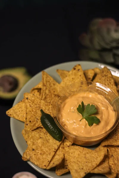 Mexican Food Taco Blur Cheddar Cheese Sauce — стокове фото