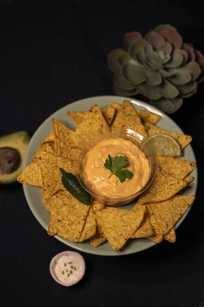 Mexican Food Taco Blur Cheddar Cheese Sauce — Foto de Stock