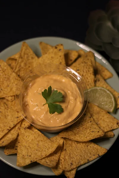 Mexican Food Taco Blur Cheddar Cheese Sauce — Stock Photo, Image