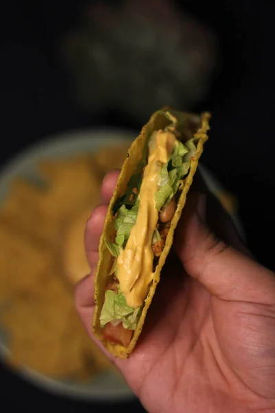 Mexican Food Taco Blur Cheddar Cheese Sauce — Stock Photo, Image