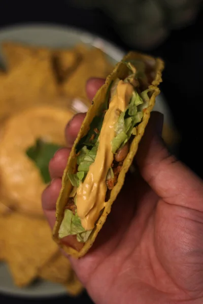 Mexican Food Taco Blur Cheddar Cheese Sauce — Stock Photo, Image