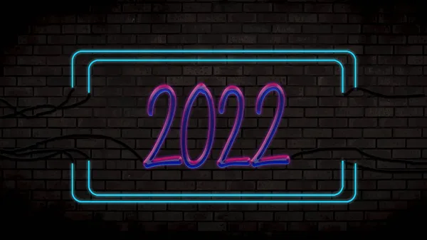 Illustration Neon Sign 2022 Brick Wall Pink Neon Color Happy — Stock Photo, Image