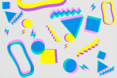 90 'ların parlak renklerine sahip soyut desen ve kağıdın açık arkaplan üzerindeki etkisi