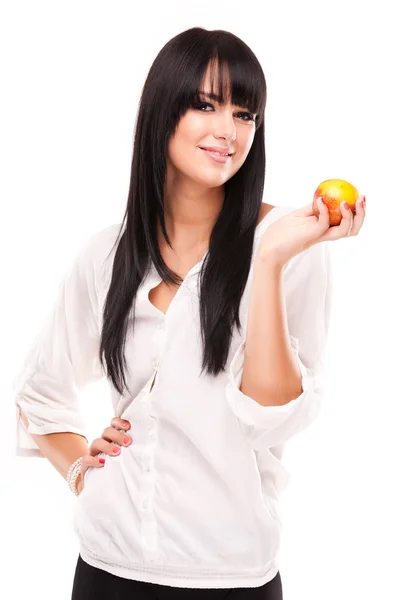 Gyönyörű barna nő, narancs-fehér háttér — Stock Fotó