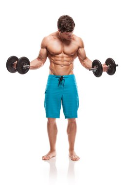 kaslı vücut geliştirmeci biri dumbbells ile WHI yapıyor