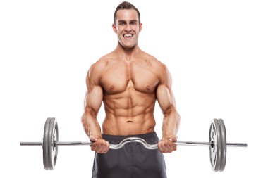 kaslı vücut geliştirmeci biri dumbbells ile WHI yapıyor