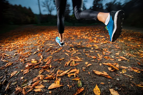 Mujer joven corriendo en la tarde temprano hojas de otoño — Foto de Stock