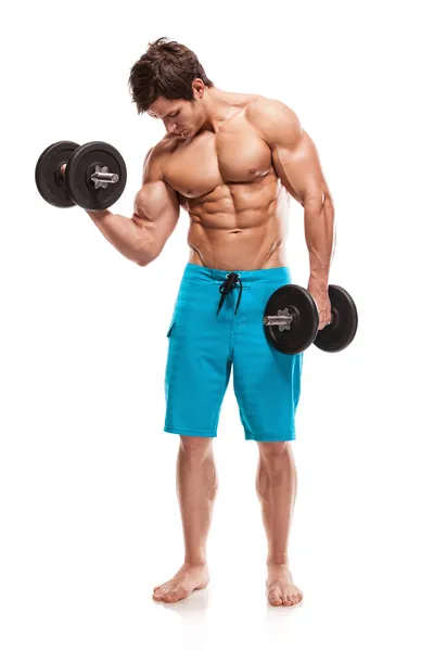 kaslı vücut geliştirmeci biri dumbbells ile WHI yapıyor