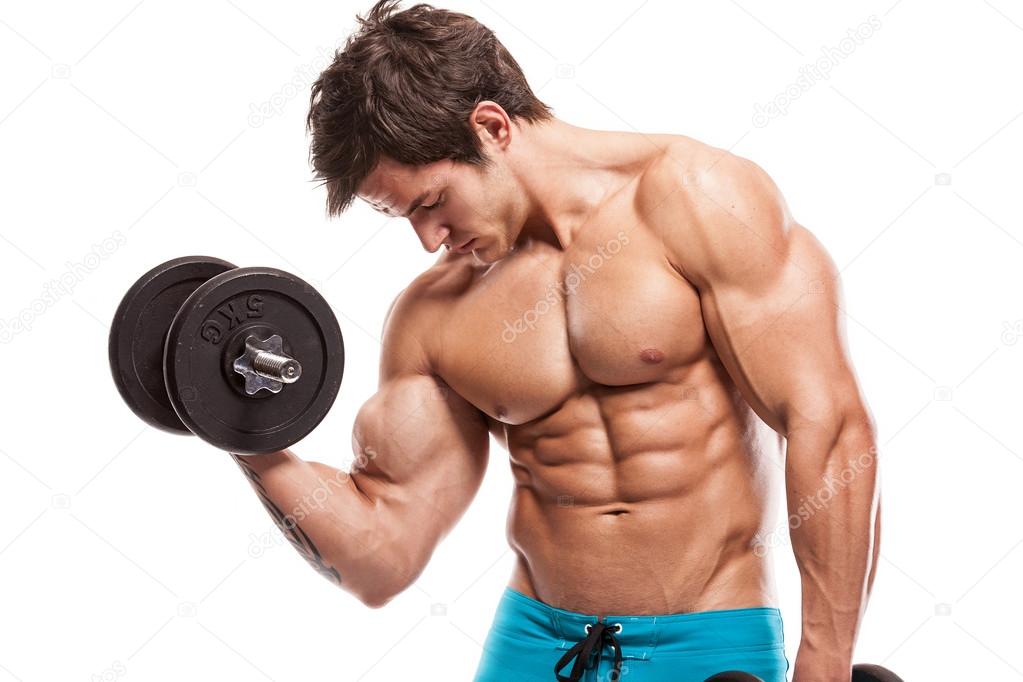 Muscular Bodybuilder Guy Doing Exercises with Gifts Over White B