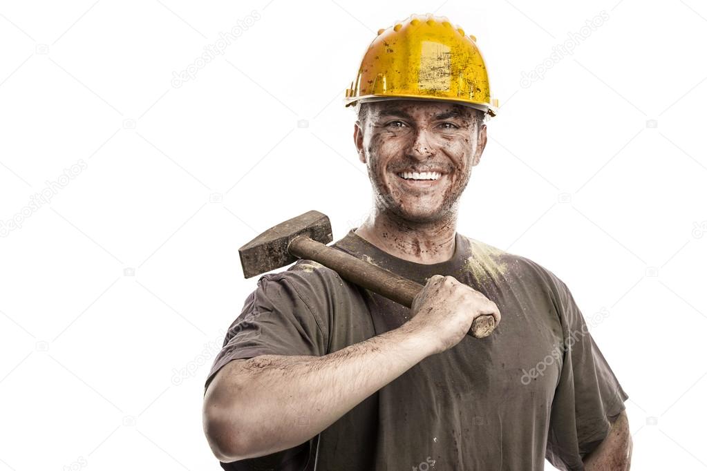 Young dirty Worker Man With Hard Hat helmet 