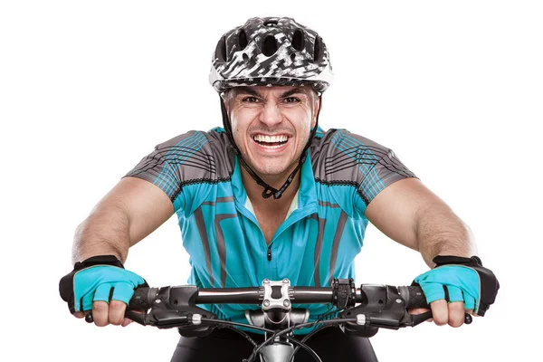 Jovem ciclista masculino com sua bicicleta — Fotografia de Stock