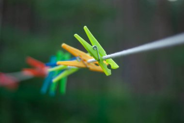 Renkli mandallar, yeşilimsi tonların arka planında bir ipe bağlanmış.
