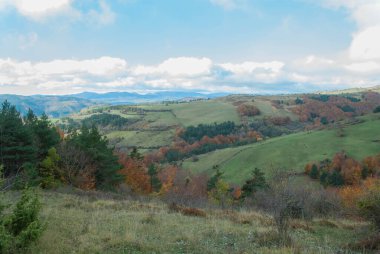Yeşil, kırmızı, turuncu ve sarı renkli ormanlarla kaplı dağ manzarası manzaraya zıt düşüyor. Mavi ve gri gökyüzü ile doğanın güzel manzarası.