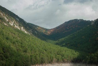 Yeşil, kırmızı, turuncu ve sarı renkli ormanlarla kaplı dağ manzarası manzaraya zıt düşüyor. Mavi ve gri gökyüzü ile doğanın güzel manzarası.