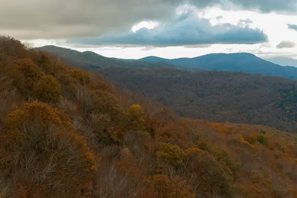 山景与绿色 橙色和黄色的森林形成了鲜明的对比 美丽的自然景观 蓝灰色的天空 — 图库照片