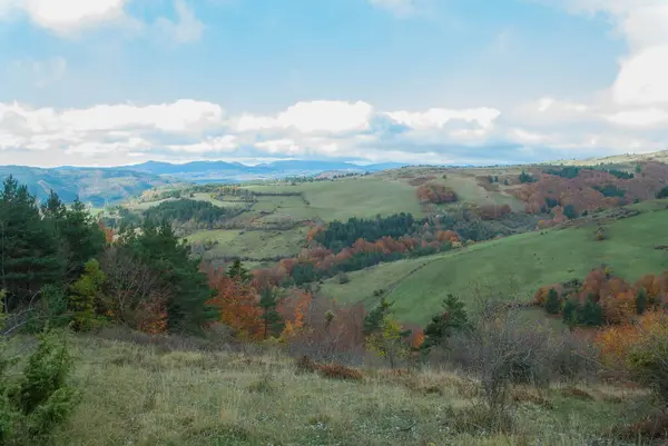 Yeşil Kırmızı Turuncu Sarı Renkli Ormanlarla Kaplı Dağ Manzarası Manzaraya — Stok fotoğraf