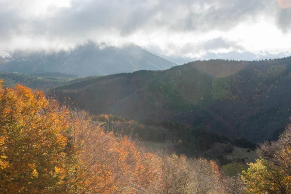 Yeşil, kırmızı, turuncu ve sarı renkli ormanlarla kaplı dağ manzarası manzaraya zıt düşüyor. Mavi ve gri gökyüzü ile doğanın güzel manzarası.