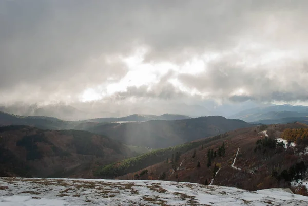 Kırmızı ve yeşil zıt ormanlar üzerinde karlı dağ manzarası