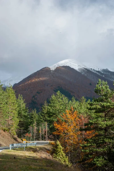 Kırmızı ve yeşil sonbahar renkleri ve biraz da kar olan ormanlarla dolu yüksek dağların arasından geçen yol..