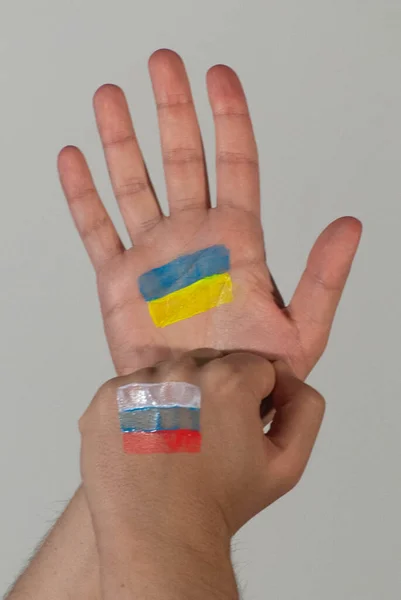 Colors Ukrainian Flag Painted Palm One Hand Symbol War Suffering — Stock Photo, Image