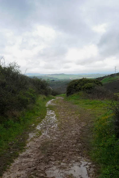 Yağmurdan dolayı çamurlu yol. Fırtınalı bir gökyüzü