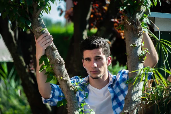Genç adam yeşil bir bahçede iki ağacın arasına eğilip Camara 'ya bakıyor.