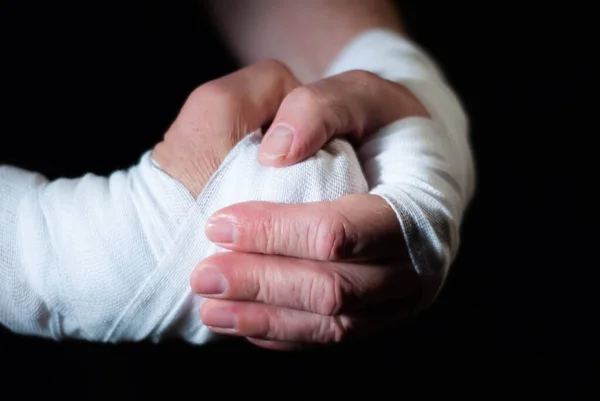 Hands Boxer White Bandages Prepared Fight Sport Battle — Stock Photo, Image