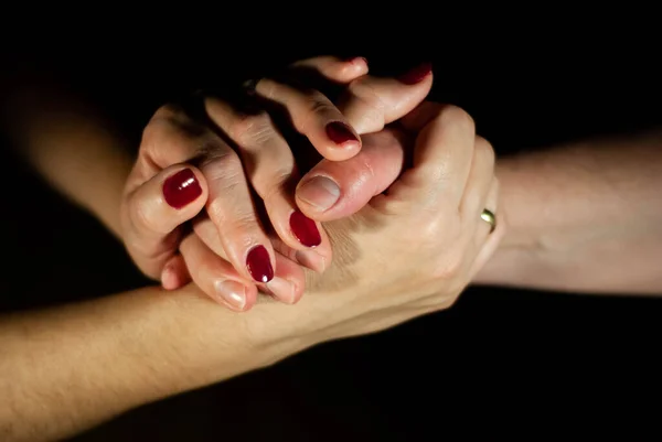 Hands Husband Wife Lovingly Holding Hands While Married Many Years — Fotografia de Stock