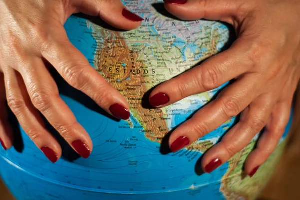 Hands Woman Holding Globe Planet Earth Marked Places Travel Vacation — Fotografia de Stock