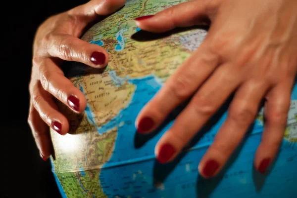 Hands Woman Holding Globe Planet Earth Marked Places Travel Vacation — Fotografia de Stock