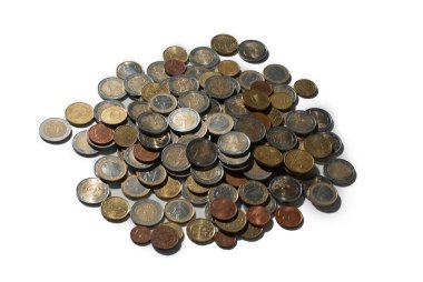 A lot of euro coin money on a white background for investing, trading and business enrichment