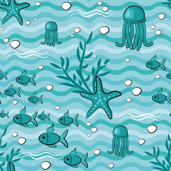 Patrón sin costura con medusas y estrellas de mar — Archivo Imágenes Vectoriales