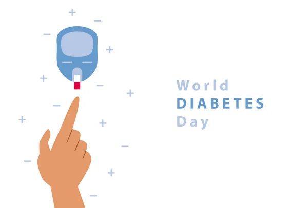 Día Mundial Diabetes Medidor Glucosa Mano Gota Sangre Símbolo Diabético — Vector de stock