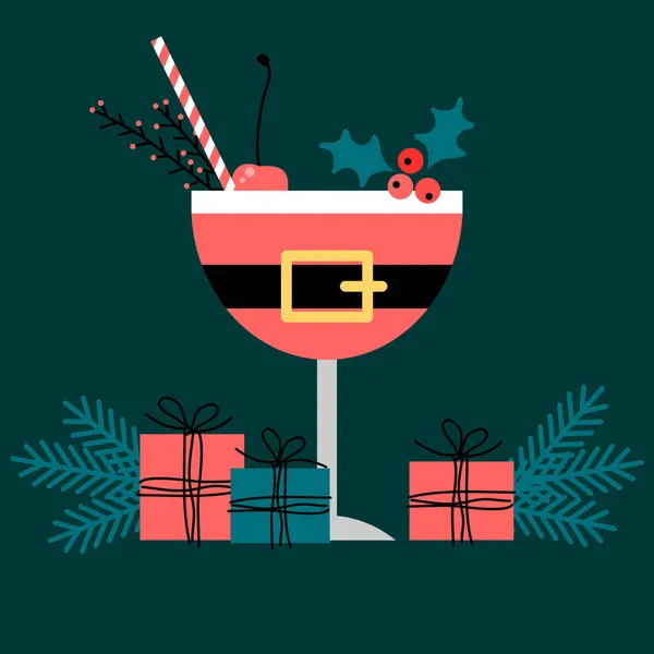 メリークリスマス 休日のカクテル ギフトボックス クリスマス休暇の背景 クリスマスパーティー お祝い カクテルグラスとギフト — ストックベクタ
