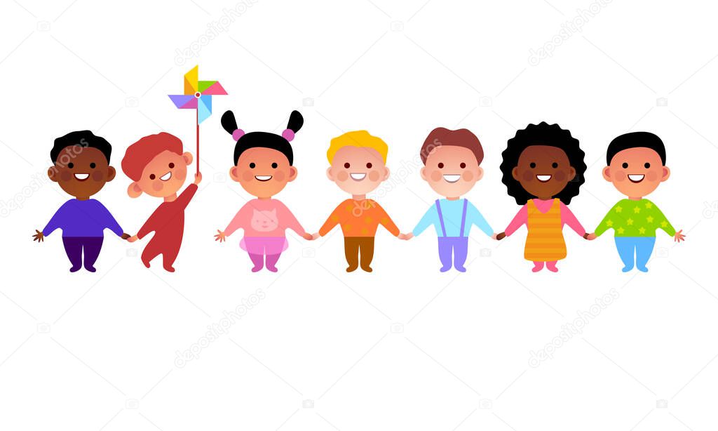 Friendship. Multi-national children holding hands. Multi cultural children together. Friends standing in a row, smiling and holding hands. Various human races. Ethnic diversity