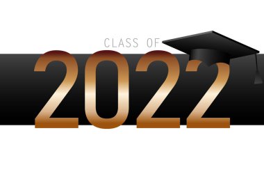 2022 sınıfı; afişler için siyah ve altın renkli zarif kart; el ilanları; selamlar; davetiyeler; iş günlükleri; mezuniyet balosunda tebrik ve posterler. Vektör çizimi. Mezuniyet; 2022 sınıfı.