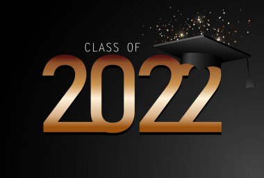 2022 sınıfı; afişler için siyah ve altın renkli zarif kart; el ilanları; selamlar; davetiyeler; iş günlükleri; mezuniyet balosunda tebrik ve posterler. Vektör çizimi. Mezuniyet; 2022 sınıfı.