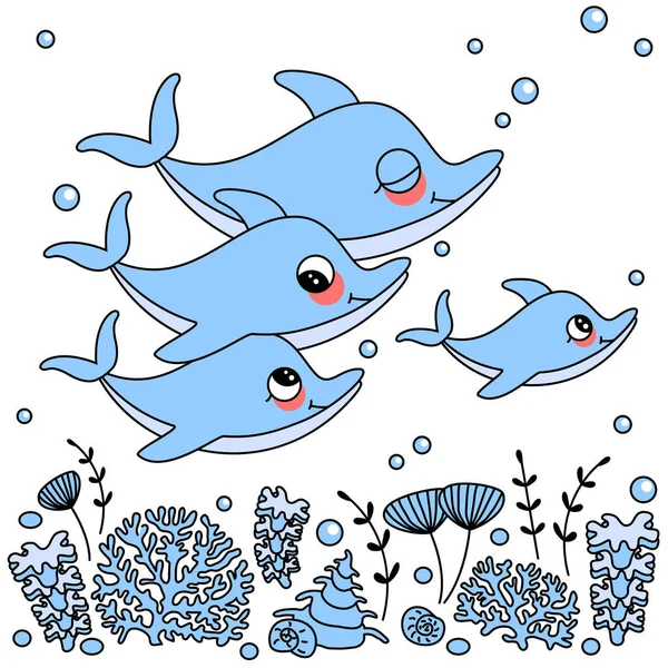 Dolphins Family Cute Dolphin Sea Ocean Animals Underwater World Vector — Stock Vector