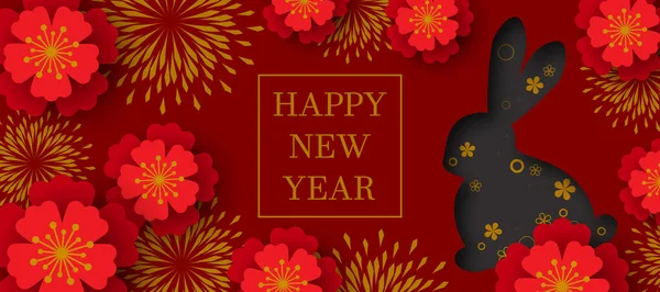 Happy New Year Chinese New Year Rabbit Symbol Flowers Chinese — Stock Vector