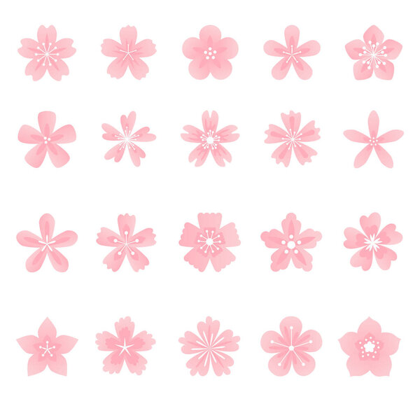 Pink flowers set. Sakura flowers collection of symbol, icon, sign. Cherry blossom vector illustration