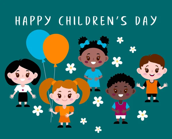 Feliz Dia Das Crianças Grupo Diferentes Crianças Amigos Amizade Paz — Vetor de Stock
