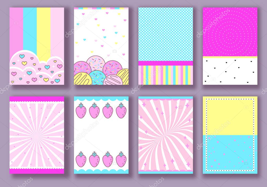 Pink abstract backgrounds with sweets. Abstract pink backgrounds set, collection. Decoration banner themed Lol surprise doll girlish style. Invitation card template