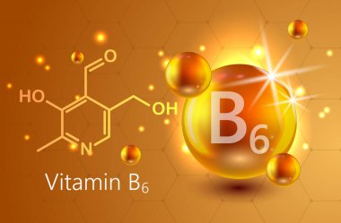Vitamin altını parlayan hap kapsülü ikonu. Beslenme işareti vektör konsepti. B6 vitamininin gücü. Kimyasal formül. Pyridoksin vitamin düşürücü hap kapsülü. Parlak altın özlü damlacık. Güzellik tedavisi