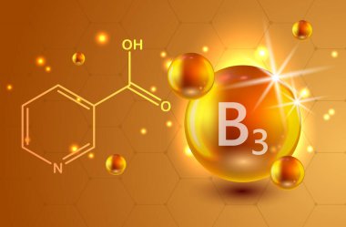 Beslenme işareti kavramı vektör. B3 vitamini gücü. Kimyasal formülü